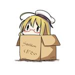  blonde_hair box cardboard_box glasses hat hatsuzuki_527 i-8_(kantai_collection) in_box in_container kantai_collection low_twintails peaked_cap red-framed_eyewear sailor_hat simple_background solid_oval_eyes solo translated twintails twitter_username white_background 