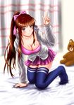  bed black_legwear breasts brown_eyes brown_hair cleavage curtains diesel-turbo hair_ribbon hood hood_down hoodie kneeling large_breasts long_hair original pleated_skirt ponytail ribbon skindentation skirt smile solo stuffed_animal stuffed_toy teddy_bear thighhighs 