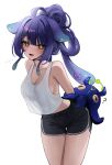  1girl :d ? absurdres ahoge ankkoyom arms_behind_back bare_shoulders blunt_bangs blush breasts camisole cleavage dolphin_shorts eversoul green_eyes highres korean_text legs_together looking_at_viewer medium_breasts octopus onyx_(eversoul) purple_hair shorts sidelocks simple_background smile solo sparkling_eyes squid_girl standing tentacle_hair translucent white_background white_camisole 