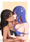  2girls azur_lane black_hair blue_eyes blue_hair blush chronosguardian closed_eyes commission couple crossover dark-skinned_female dark_skin grabbing_another&#039;s_breast groping highres kantai_collection kiss long_hair looking_at_another multiple_girls name_connection native_american selfcest south_dakota_(azur_lane) south_dakota_(kancolle) swimsuit yuri 