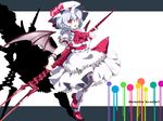  ascot bat_wings blue_hair character_name embellished_costume frills highres lance_of_longinus pointy_ears polearm red_eyes remilia_scarlet ribbon satou_samu solo spear touhou wallpaper weapon wings 