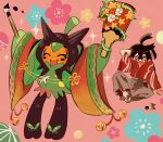  1boy ^_^ assassinookayu bell black_hair blush closed_eyes commentary_request crossed_bangs fangs flower_symbol hagoita hairband hakama hane_(hanetsuki) hanetsuki holding japanese_clothes kieran_(pokemon) kimono male_focus mole mole_on_neck multicolored_hair ogerpon open_mouth paddle pokemon pokemon_(creature) pokemon_sv purple_hair red_kimono sitting sparkle 