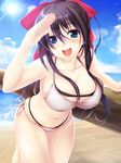  beach bikini blue_eyes blush breasts cleavage covered_nipples day hair_ribbon hands highres large_breasts long_hair open_mouth original outdoors ribbon shading_eyes side-tie_bikini smile solo sun swimsuit yoshi_hyuuma 