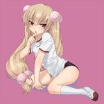  blonde_hair buruma child gym_uniform hair_bobbles hair_ornament kneehighs kodomo_no_jikan kokonoe_rin long_hair nanaichi red_eyes shoes socks solo uwabaki white_legwear 