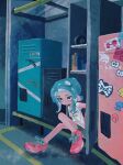  1girl artist_name black_shorts blue_hair closed_mouth commentary_request cross-laced_footwear dolphin_shorts eyebrow_cut full_body grey_eyes highres in_locker indoors kashido_lolq locker locker_room medium_hair octoling octoling_girl octoling_player_character parted_bangs pink_footwear shirt shoes short_sleeves shorts sitting sneakers solo splatoon_(series) splatoon_3 sticker t-shirt tenta_brella_(splatoon) tentacle_hair white_shirt 