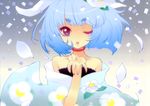  absurdres blue_hair copyright_request flower hair_flower hair_ornament highres itou_noiji one_eye_closed petals red_eyes short_hair solo 