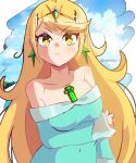  1girl absurdres bare_shoulders blonde_hair blue_dress chest_jewel closed_mouth cosplay dress earrings english_commentary highres hoshinokotta jewelry long_sleeves mario_(series) mythra_(xenoblade) off-shoulder_dress off_shoulder rosalina rosalina_(cosplay) solo star_(symbol) star_earrings twitter_username upper_body xenoblade_chronicles_(series) xenoblade_chronicles_2 yellow_eyes 