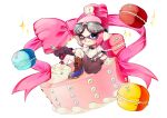  1girl absurdres animal_hands black_bow black_bowtie black_gloves black_shorts blue_eyes blue_footwear blush boots bow bowtie cake closed_mouth collared_shirt commentary cross-laced_footwear food fork full_body gloves goggles goggles_on_head hair_bun highres holding holding_fork inkling inkling_girl inkling_player_character looking_at_viewer macaron mini_person minigirl multicolored_footwear nupi_(nu_55) on_food one_eye_closed paw_gloves pink_hair pointy_ears red_footwear shirt short_hair short_sleeves shorts sidelocks single_hair_bun sitting solo splatoon_(series) suspender_shorts suspenders suspenders_slip symbol-only_commentary tentacle_hair white_background white_shirt 
