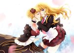  bad_id bad_pixiv_id beatrice blonde_hair breasts cleavage dress dual_persona flower frills hair_down hair_ornament medium_breasts meimone multiple_girls necktie pink_neckwear skirt thighhighs umineko_no_naku_koro_ni yuri zettai_ryouiki 