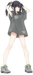  1girl absurdres armpit_peek arms_up ass_visible_through_thighs black_hair blunt_bangs closed_mouth clothes_writing commentary_request cross-laced_footwear full_body grey_footwear grey_hoodie highres hood hood_down hoodie kopaka_(karda_nui) legs_apart original red_eyes see-through_silhouette shoes short_sleeves sneakers solo standing thighs wristband 