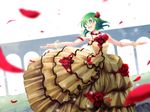  dress duplicate flower gown green_eyes green_hair gumi highres kazashino open_mouth outstretched_arms petals rose short_hair solo spread_arms vocaloid 
