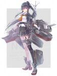  1girl asymmetrical_legwear belt black_belt black_hair black_jacket black_sailor_collar black_skirt colis commentary_request full_body garter_straps gloves grey_background highres jacket kantai_collection machinery neckerchief orange_neckerchief pleated_skirt ponytail ribbon rudder_footwear sailor_collar signature single_garter_strap single_thighhigh skirt solo standing thighhighs two-tone_background watermark white_gloves white_ribbon yahagi_(kancolle) yahagi_kai_ni_(kancolle) 