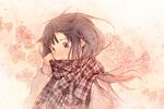  bangs black_hair blush crying crying_with_eyes_open enpera flower grey_eyes long_hair long_sleeves plaid plaid_scarf sad sayoko_(sayonara_memories) sayonara_memories_(supercell) scarf sleeves_past_wrists solo supercell sweater tears upper_body yuu_(plasm) 