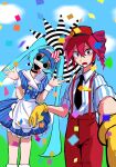  2girls apron black_necktie blue_background blue_hair blue_hat blue_sky bow buttons cloud collared_shirt dress drill_hair gloves hair_between_eyes hat hat_bow hatsune_miku highres kasane_teto kneehighs layered_dress liimonchi long_hair mesmerizer_(vocaloid) multiple_girls necktie pants pinstripe_dress pinstripe_pattern red_bow red_hair red_hat red_pants sailor_collar scared sharp_teeth shirt short_sleeves skirt sky smiley_hat_ornament socks solid_circle_eyes suspenders teeth tongue tongue_out twin_drills twintails utau very_long_hair visor_cap vocaloid waist_apron white_bow white_socks white_wrist_cuffs wing_collar wrist_cuffs yellow_gloves 
