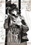  1boy ascot cape closed_mouth collared_shirt english_text epaulettes floating_card flower_brooch frilled_sleeves frills gloves greyscale hair_between_eyes hat head_rest highres infinity_symbol jacket klein_moretti lishi817 long_sleeves looking_at_object looking_down lord_of_the_mysteries male_focus marionette monochrome postage_stamp puppet puppet_strings shirt short_hair smile solo tie_clip top_hat upper_body white_background 