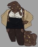 anthro big_tail black_bottomwear black_clothing black_skirt bottomwear brown_body buttoned_clothing clothing coelacanth collared_blouse digital_media_(artwork) female fin fish fish_tail gold_scales grey_background half-closed_eyes hands_on_hips hi_res jacket kewpiekills lobe-finned_fish marine narrowed_eyes open_mouth pencil_skirt scales signature simple_background skirt sleeveless_blouse solo tail tan_clothing tan_jacket tan_topwear topwear white_blouse