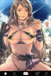  1girl alternate_costume asymmetrical_clothes asymmetrical_gloves belt bikini blue_sky braid breasts breasts_squeezed_together clive_rosfield detached_collar final_fantasy final_fantasy_xvi g-string grey_hair gusty10rk hair_ribbon highres jill_warrick large_breasts leather_belt long_hair looking_at_viewer micro_bikini nipples nude ribbon see-through_clothes single_braid sitting sky solo_focus swimsuit thong tiktok 
