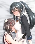  2girls bed_sheet between_breasts black_gloves black_hair black_jacket blue_sailor_collar blue_shirt blush braid breasts brown_eyes brown_hair closed_eyes collared_shirt commentary_request cropped_jacket double-parted_bangs ear_blush face_between_breasts from_above furaggu_(frag_0416) gloves hair_between_eyes hair_flaps hair_ornament head_between_breasts headpat high_ponytail highres hug jacket kantai_collection long_hair long_sidelocks looking_at_another lying multiple_girls necktie on_bed on_side open_clothes open_jacket orange_necktie ponytail sailor_collar shigure_(kancolle) shigure_kai_san_(kancolle) shirt sidelocks single_braid sleeveless sleeveless_shirt smile three-quarter_sleeves upper_body white_shirt yahagi_(kancolle) yahagi_kai_ni_(kancolle) yuri 