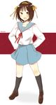  bad_id bad_pixiv_id blush brown_eyes brown_hair hair_ribbon kita_high_school_uniform kneehighs ribbon school_uniform serafuku short_hair skirt solo suzumiya_haruhi suzumiya_haruhi_no_yuuutsu yoshioka_mitsuko 