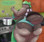 2024 absurd_res amphibian anthro appliance apron big_breasts big_butt bikini blue_bikini blue_clothing blue_swimwear blush blush_lines bone bottomwear breasts butt cabinet clodsire clothed clothed_anthro clothed_female clothing cooking cooking_pot dialogue english_text eyelashes eyewear female female_anthro furgonomic_bottomwear furgonomics generation_9_pokemon glasses green_apron green_clothing green_headkerchief green_kerchief head_turned headgear headkerchief headwear heart_symbol hi_res holding_ladle huge_butt inside kawma kerchief kitchen kitchen_appliance kitchen_utensils ladle morrie_(kawma) nintendo open_mouth oven overweight overweight_anthro overweight_female pink_tongue pokemon pokemon_(species) purple_text rear_view round_glasses side_boob signature skull solo stove swimwear tail talking_to_viewer text thick_tail thick_thighs tongue tools two-piece_swimsuit under_boob