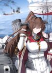  1girl artist_request battleship blue_sky breasts brown_eyes brown_hair cherry_hair_ornament closed_mouth commission detached_sleeves food-themed_hair_ornament hair_intakes hair_ornament highres holding holding_umbrella kantai_collection large_breasts looking_to_the_side military_vehicle miniskirt ocean off_shoulder pleated_skirt ponytail radar red_sailor_collar sailor_collar second-party_source ship ship_turret sinking skirt sky smile solo umbrella warship watercraft white_skirt yamato_(kancolle) yamato_kai_ni_(kancolle) 