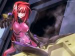  ahoge blood bodysuit bou bow breasts covered_navel hair_bow hair_intakes highres kagami_sumika large_breasts long_hair muvluv muvluv_alternative pilot_suit pink_bodysuit red_eyes red_hair solo steam very_long_hair watermark 