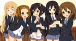  :d ^_^ absurdres akiyama_mio bad_id bad_pixiv_id black_hair brown_eyes brown_hair cake closed_eyes food fork fruit highres hirasawa_yui k-on! kotobuki_tsumugi long_hair looking_at_viewer multiple_girls nakano_azusa open_mouth plate purple_eyes school_uniform skirt smile strawberry sweatdrop tainaka_ritsu teeth tonee twintails 