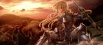  ahoge armor artoria_pendragon_(all) blonde_hair blood caliburn cloud death fate/stay_night fate_(series) green_eyes highres mountain saber sad sky solo sunset sword uraomote weapon 