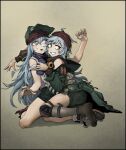  2girls bandana black_footwear black_shorts brown_background brown_eyes can chickenapple33 cross-laced_footwear feet full_body g11_(girls&#039;_frontline) girls&#039;_frontline girls&#039;_frontline_2:_exilium green_hat green_jacket grey_hair hashtag-only_commentary hat highres holding holding_can jacket long_hair looking_at_another looking_at_viewer multiple_girls open_mouth parted_lips red_bandana short_hair shorts simple_background sitting smile teeth time_paradox toes 
