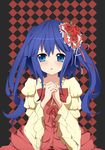  blue_eyes blue_hair dress flower furudo_erika hair_ornament highres nemu_(nebusokugimi) ribbon solo twintails umineko_no_naku_koro_ni 
