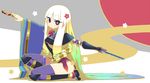  chan_co full_body japanese_clothes katanagatari long_hair looking_at_viewer mouth_hold one_knee outstretched_arms red_eyes solo spread_arms sword togame very_long_hair weapon white_hair 