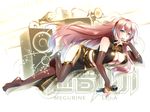  arched_soles blue_eyes blue_nails breasts bridal_gauntlets caffein cleavage feet full_body garter_straps gold_trim headset highres large_breasts legs lips long_hair megurine_luka microphone midriff nail_polish navel pink_hair smile solo speaker thighhighs vocaloid 