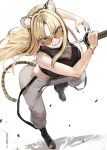  1girl animal_ear_fluff animal_ears black_footwear black_hair black_shirt black_tank_top blonde_hair boots braid breasts chain chain_necklace commentary_request cross-laced_footwear curtained_hair fangs fighting_stance full_body green_eyes grey_pants grin highres holding holding_weapon hololive hololive_dev_is jewelry kemonomimi_mode koganei_niko lace-up_boots large_breasts long_hair looking_at_viewer maro2ki3 multicolored_hair necklace orange-tinted_eyewear pants round_eyewear see-through_clothes see-through_shirt shirt side_braid simple_background sleeveless sleeveless_shirt slit_pupils smile solo streaked_hair sunglasses sweatpants tail tank_top teeth tiger_ears tiger_girl tiger_tail tinted_eyewear torn_clothes torn_pants virtual_youtuber weapon white_background 