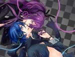  aqua_eyes blue_eyes blue_hair checkered checkered_floor face-to-face hair_ribbon headphones kaito kamui_gakupo long_hair magnet_(vocaloid) male_focus multiple_boys nail_polish open_clothes open_shirt ponytail purple_hair ribbon scarf shirt verus vocaloid yaoi 