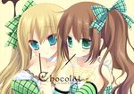  blonde_hair blush brown_hair choker food green_eyes hair_ribbon hinayuki_usa long_hair miyasu_risa mouth_hold multiple_girls original plaid pocky ribbon side_ponytail smile twintails 