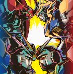  blue_eyes character_request darilbalde face-to-face glowing glowing_eyes gundam gundam_extreme_vs._2 highres light_trail mecha mobile_suit mobile_suit_gundam no_humans official_art robot rx-78-2 v-fin yellow_eyes yellow_visor 