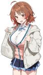 1girl ahoge blue_overskirt blue_ribbon blue_skirt blush breasts brown_hair button_gap cardigan gakuen_idolmaster hanami_ume hatsuboshi_gakuen_school_uniform highres idolmaster jacket large_breasts long_sleeves looking_at_viewer miniskirt neck_ribbon open_clothes open_jacket orange_hair padded_jacket pink_cardigan pleated_skirt ribbon school_uniform shirt simple_background skirt solo sweatdrop taniguchi_daisuke_(surumenium) thighs white_background white_jacket white_shirt 