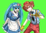  apron black_necktie blue_hair bow collared_shirt dress drill_hair gloves green_background hand_grab hat hat_bow hatsune_miku highres kasane_teto kepi layered_sleeves lower_teeth_only mesmerizer_(vocaloid) military_hat necktie open_mouth pants pinstripe_dress pinstripe_hat pinstripe_pattern red_bow red_eyes red_hat red_pants sailor_collar shirt short_sleeves smiley_hat_ornament striped_bow suspenders sweatdrop tdinhphung teeth tongue twin_drills twintails utau visor_cap vocaloid waist_apron white_apron white_bow white_wrist_cuffs wing_collar wrist_cuffs yellow_gloves 