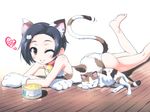  animal_ears ass bad_id bad_pixiv_id bare_shoulders barefoot bell bell_collar bob_cut calico cat cat_ears cat_tail collar feet kobayakawa_rinko love_plus morujii one-piece_swimsuit one_eye_closed school_swimsuit solo swimsuit tail 