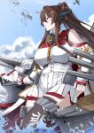  1girl anchor asymmetrical_legwear bare_shoulders breasts brown_eyes brown_hair cliov clothing_cutout commission english_commentary flower hair_flower hair_ornament headgear highres kantai_collection large_breasts long_hair looking_to_the_side miniskirt pleated_skirt ponytail second-party_source ship_turret shoulder_cutout side_cutout single_thighhigh skirt solo_focus thighhighs thighs torn_clothes uneven_legwear white_skirt yamato_(kancolle) yamato_kai_ni_(kancolle) 