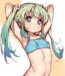  aqua_hair armpits arms_behind_head blonde_hair blue_eyes blush copyright_request flat_chest flower gradient_hair green_hair hair_flower hair_ornament kink lowres multicolored_hair navel solo sports_bra twintails 