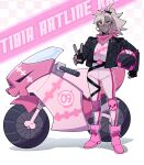  1girl absurdres bandana bandana_around_neck black_gloves black_jacket boots bright_pupils colored_skin fingerless_gloves gloves grey_hair grey_skin grin helmet highres jacket looking_at_viewer maejpg_. motor_vehicle motorcycle motorcycle_helmet open_clothes open_jacket original pink_bandana pink_footwear ponytail racing_suit red_eyes scar scar_on_face sharp_teeth smile solo standing teeth tibia_(maejpg) white_pupils 