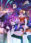  1boy 2girls :d ;p ahoge aqua_eyes arm_pouch arm_support astel_leda backpack bag bandaged_arm bandages bandaid bandaid_on_arm bare_legs bare_shoulders belt belt_pouch black_belt black_footwear black_gloves blonde_hair blue-tinted_eyewear blue_eyes blue_hair blue_jacket blue_pants boots breasts brown_hair building closed_mouth colored_tongue crop_top cropped_jacket cross-laced_footwear curtained_hair cyberpunk demon_tail eyewear_on_head fangs feet_out_of_frame figure_four_sitting flying_car flying_vehicle foot_out_of_frame gloves green_eyes grey_shirt hair_behind_ear hair_between_eyes hand_on_own_knee hand_on_own_thigh head_on_hand head_rest headset high_collar high_ponytail highres holding holding_removed_eyewear hololive holostars hood hood_down hooded_jacket jacket knee_up lace-up_boots legs_up light_blush light_particles long_hair looking_at_viewer lowleg lowleg_shorts lying midriff multicolored_hair multiple_girls natsuiro_matsuri nemoto_yuuma on_stomach one_eye_closed orange-tinted_eyewear orange_jacket orange_shorts outstretched_arm pants pointy_ears ponytail pouch purple-tinted_eyewear purple_hair purple_jacket purple_shorts purple_sky purple_tongue radio_antenna safety_glasses science_fiction selfie shirt short-sleeved_jacket short_hair short_shorts short_sleeves shorts shrug_(clothing) side_ponytail sideways_glance sitting sky skyscraper sleeveless sleeveless_jacket small_breasts smile starry_hair streaked_hair sunset tail the_pose tinted_eyewear tokoyami_towa tongue tongue_out unworn_eyewear virtual_youtuber zipper zipper_pull_tab 