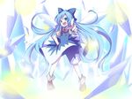  :d alternate_hairstyle blue_eyes blue_hair bow cirno dress foreshortening hair_bow hand_on_hip haru_aki ice long_hair open_mouth pointing smile solo standing touhou very_long_hair wings 