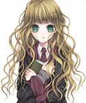  alternate_eye_color bad_id bad_pixiv_id book brown_hair green_eyes hair_ornament hairpin harry_potter hermione_granger highres long_hair necktie solo tsukino_omame 