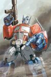  autobot blue_eyes cloud cloudy_sky english_commentary enricogalli glowing glowing_eyes gun holding holding_gun holding_weapon looking_up mecha_focus no_humans open_hand optimus_prime science_fiction sky transformers transformers:_generation_1 twitter_username weapon web_address wreckage 