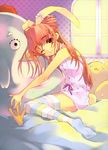  absurdres animal_ears bunny_ears feet highres itou_noiji legs multicolored multicolored_clothes multicolored_legwear original pajamas solo striped striped_legwear thighhighs 