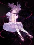  1girl black_background bow bow_choker buttons center_frills chest_jewel choker circle_skirt collarbone commentary cross-laced_footwear dress eyelashes floating floating_clothes floating_hair footwear_bow frilled_dress frilled_skirt frilled_sleeves frilled_socks frills full_body gloves glowing_gem hair_bow highres kaname_madoka kneehighs light_blush light_particles looking_at_viewer magical_girl mahou_shoujo_madoka_magica mahou_shoujo_madoka_magica_(anime) mary_janes miniskirt object_floating_above_hand open_mouth petticoat pink_bow pink_choker pink_dress pink_eyes pink_gemstone pink_hair puffy_short_sleeves puffy_sleeves red_bow red_footwear shoes short_dress short_hair short_sleeves short_twintails skirt skirt_under_dress smile socks solo soul_gem square_neckline twintails waist_bow white_gloves white_skirt white_sleeves white_socks yune_shanyi 
