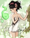  bare_shoulders bath black_hair brown_eyes comb flower hair_flower hair_ornament hands hitodama izuna_jinkuro miso_katsu momohime naked_towel oboro_muramasa onsen short_hair towel 