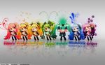  alternate_color alternate_hairstyle apple blueberry blush_stickers cherry_blossoms chibi detached_sleeves food food_themed_clothes fruit grapes hatsune_miku headset highres multiple_girls o_o orange pineapple reflection thighhighs twintails v vocaloid 